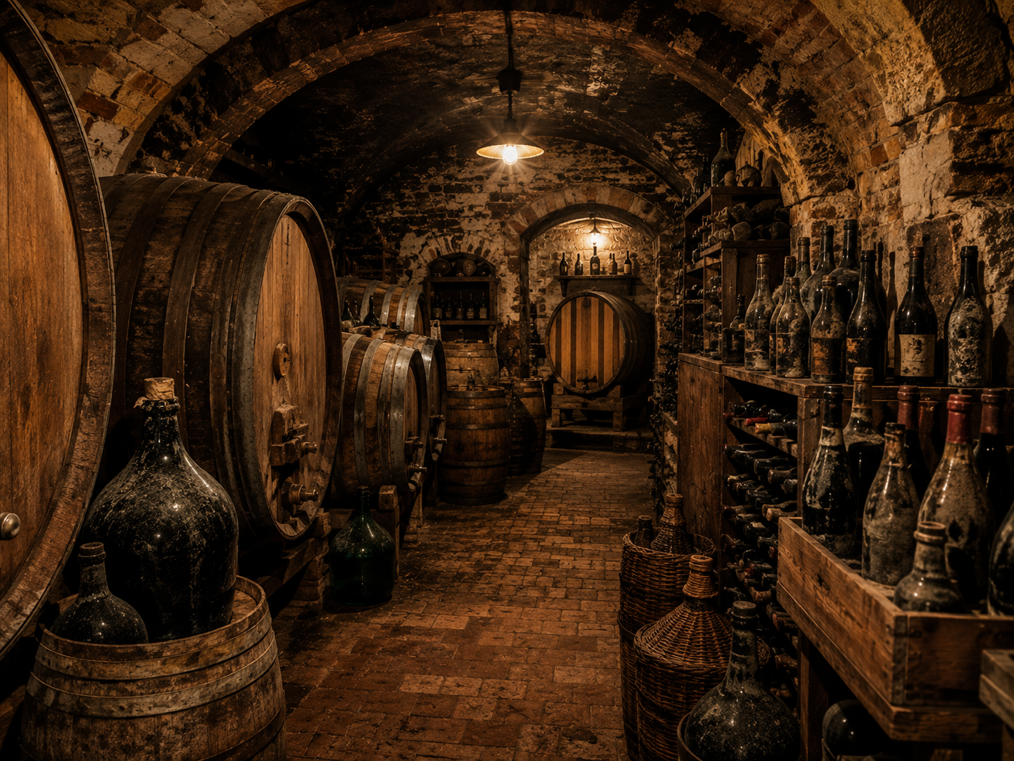 Cantina storica di Osteria Bramosia con botti di Lambrusco